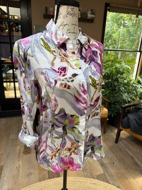 Renuar White Button-Down Blouse with Pink & Green Watercolor Floral